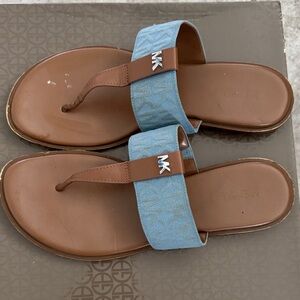 Michael Kors Brown Leather and Light Blue Logo Strap Thong Sandals